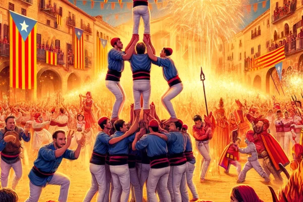 A vibrant illustration depicting the major traditional festivities in Catalonia, Spain